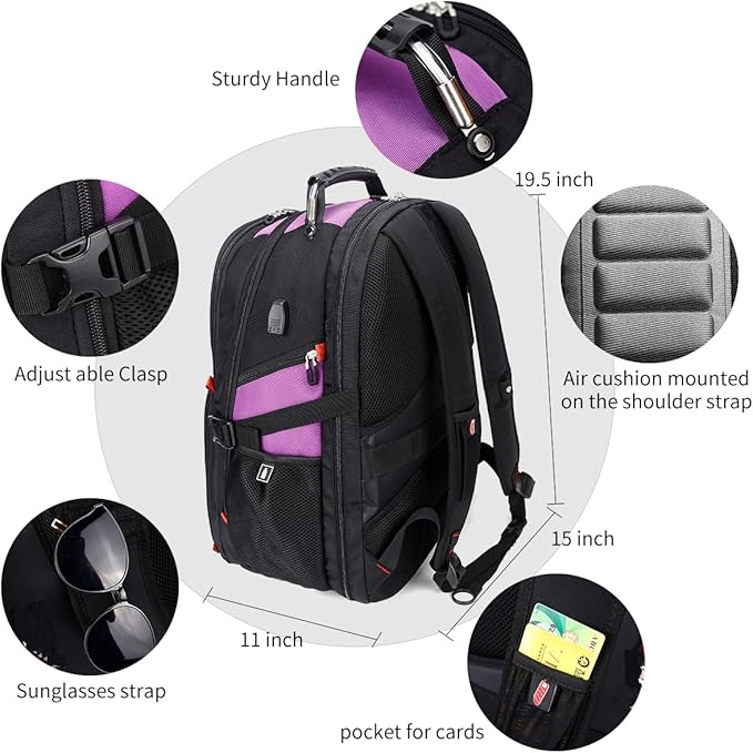 SHRRADOO Extra Large 50L Travel Laptop Backpack with combination lock, College High School Backpack Airline Approved Business Work Bag Fit 17 Inch Laptops for Men Women,Purple