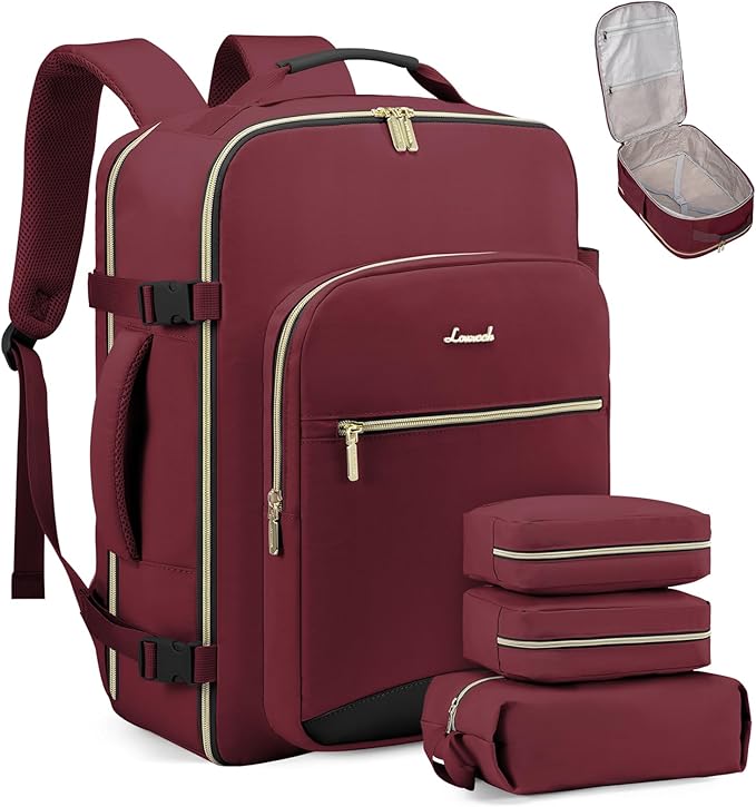 LOVEVOOK Travel Backpack for Women & Men 40L,Airline Approved Carry On Backpack Travel Essentials,TSA Carry on Luggage,Waterproof Personal Item Travel Bag,Suitcase with 3 Packing Cubes,Wine red-Black