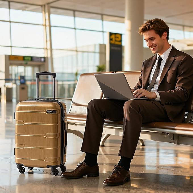 Coolife Carry On Luggage 22x14x9 Airline Approved Hardside PC+ABS Suitcase with TSA Lock, Lightweight Rolling Travel Luggage with Spinner Wheels(Black Brown, 20in)
