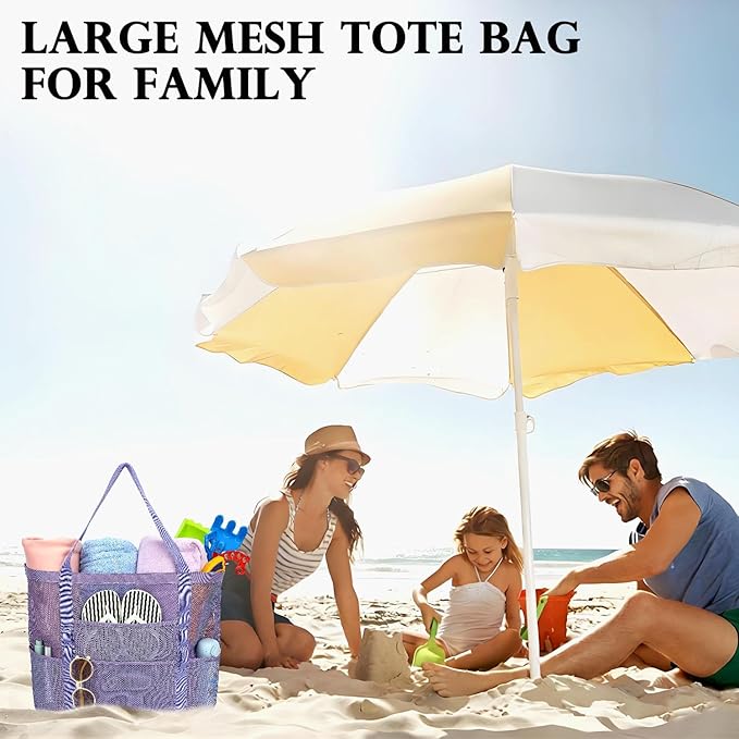 Fammart Mesh Beach Bag, Large Beach Tote with Zipper Pocket, Toys Pool Bag for Family Travel Vacation Cruise Essentials