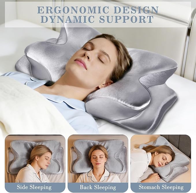 CCidea Cervical Neck Support Pillow for Sleeping & Pain Relief – Ergonomic Contour Memory Foam Pillows for Side/Back/Stomach Sleepers, 2 Heights with Removable Silk Satin Cover - Gifts for Men & Women
