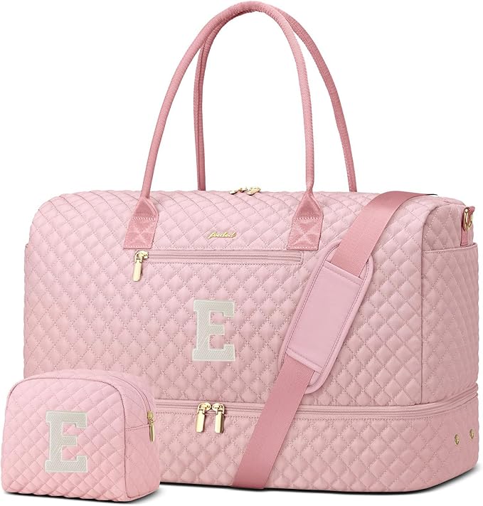 Letter Weekender Bags for Womens - Duffle Bag with Shoe Compartment Personalized Overnight Bag with Toiletry Bag Duffel Bags for Gym Hospital Bags Gift for Women Pink (Letter E)