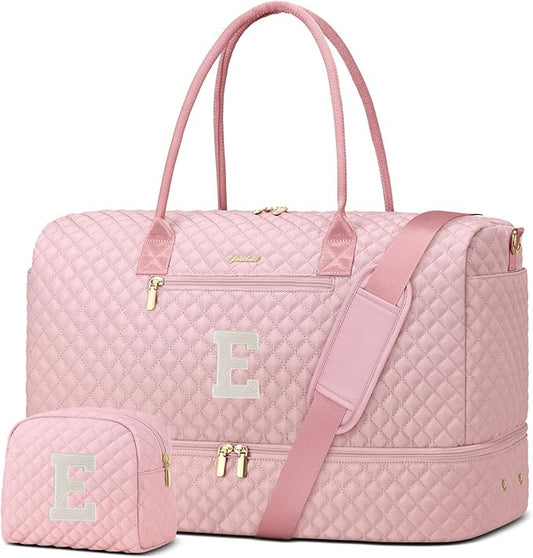 Letter Weekender Bags for Womens - Duffle Bag with Shoe Compartment Personalized Overnight Bag with Toiletry Bag Duffel Bags for Gym Hospital Bags Gift for Women Pink (Letter E)