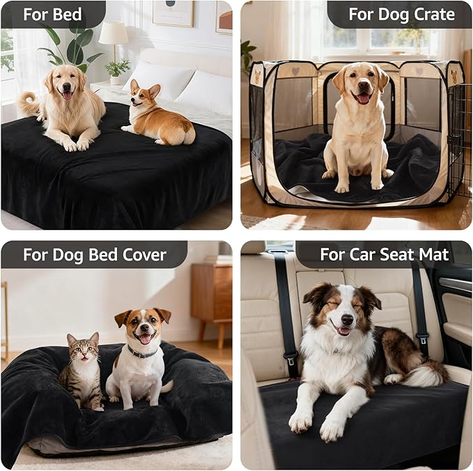 LOOBANI Waterproof Dog Blanket for Couch: Reversible Flannel Bed Blanket for Medium Large Dogs Liquid Proof, Soft Throw Blanket Couch Cover Protector for Sofa, Crate, Travel, 50" x 60", Black & Beige
