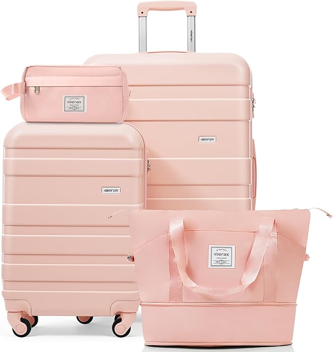 4-Piece Luggage Set, Suitcase with TSA Lock Travel Duffel Bag Wet-Dry Toiletry Bag, Pink