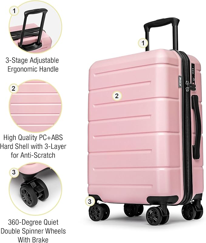KYME Carry On Luggage 22x14x9 Airline Approved Hardshell Carry On Suitcases with Wheels Travel Rolling 20 Inch Luggage with Cup Holder for Women,Carry-on Pink