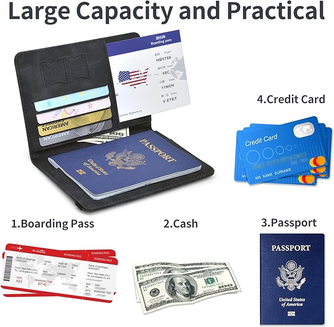 Passport Holder, Passport Cover with Credit Card Slot and Boarding Pass Slot Combo, Passport Wallet Case Book Travel Must Have, RFID Blocking Leather Travel Accessories, Black