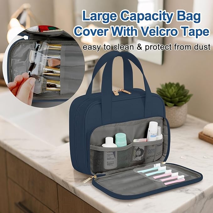 Travel Toiletry Bag, Water-resistant PU Leather Makeup Bag with Multiple Compartments, Large Capacity Makeup Organizer Bag with Handle for Accessories, Essentials, Toiletries, Navy Blue