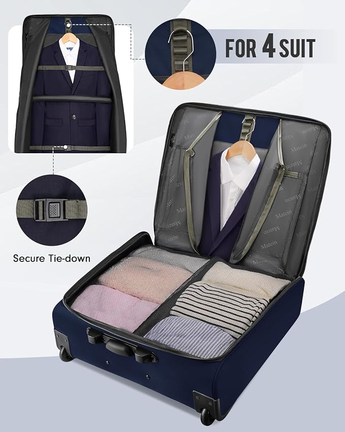 MATEIN Rolling Garment Bags for Travel, Large 2-Wheeled Suit Carrier Fits 17.3Inch Laptop, Foldable Travel Suit Bag With Wheels & 2 Packing Cubes, Check-in Suitcase Luggage for Business Trips, Blue