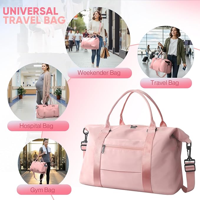 Travel Duffle Bag, Weekender Travel Bag Men Small Gym Bag for Women, Hospital Bag for Labor and Delivery, Overnight Bag Luggage Bag with Trolley Sleeve, Airplane Travel Essentials for Flying(Pink)