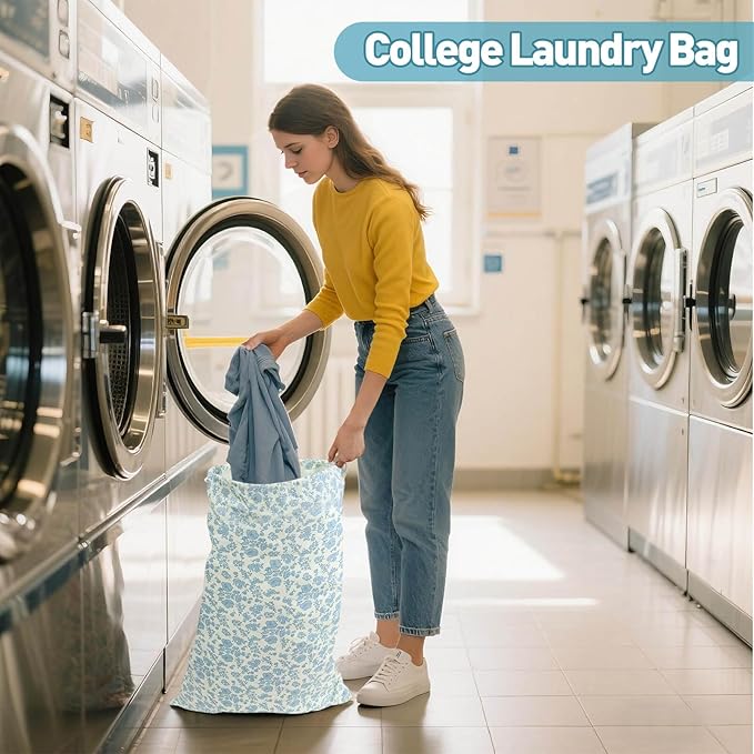 Laundry Bag, Dirty Backpack Laundry Bag For College Travel Laundromat Apartment, With Handles 29" X 18" (Blue Florals)