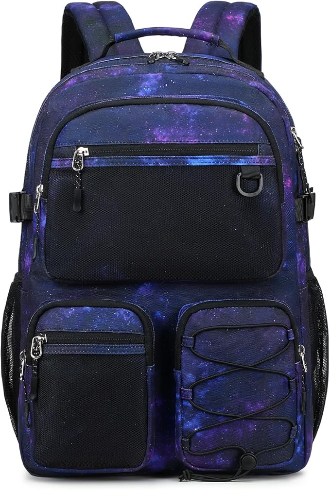 Lohol Multi-Pocket Backpack for Travel College, Heavy Duty Big Bookbag with 15.6 inch Laptop Compartment (Black Purple Galaxy