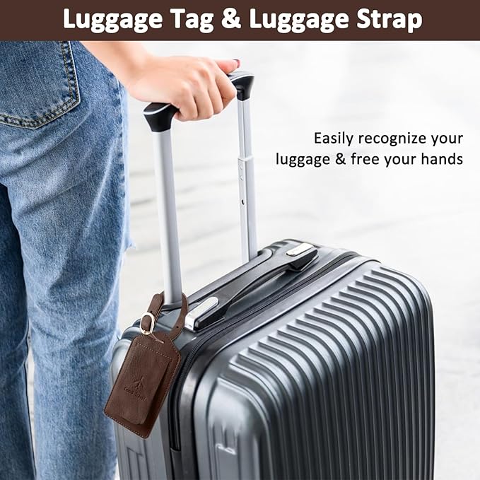 1 Pack Luggage Tag, PU Leather Suitcase Tags Identifiers Privacy Cover ID Label for Travel Bag Suitcase with 2 Pack Luggage Straps for Hats, Bags and Travel Accessories(L-Dark Brwon)