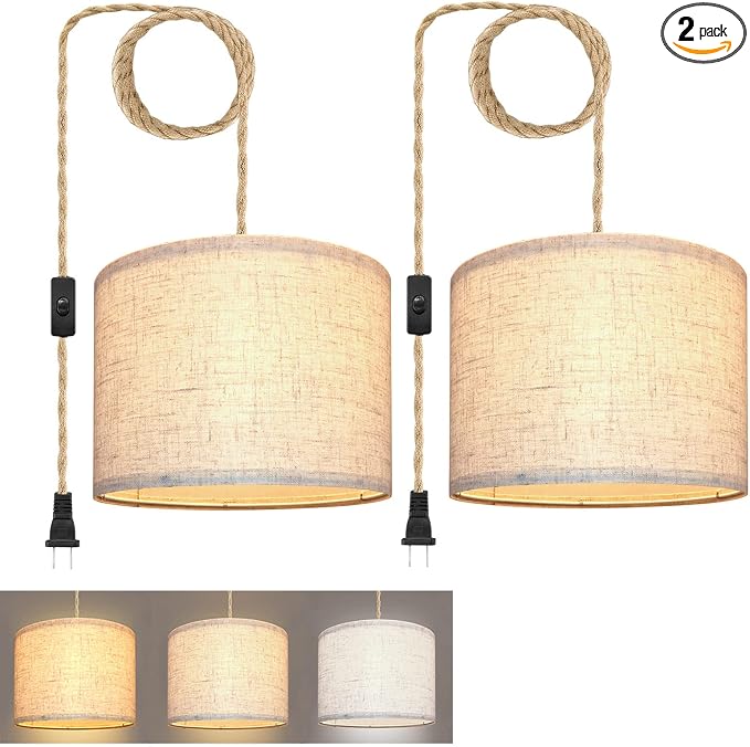 KUAUGST Plug in Pendant Light, Hanging Lights with Plug in Cord, Hanging Lamp with 15ft Hemp Rope, On/Off Switch, Beige Linen Shade, Light Fixture for Bedroom, Living Room, Dining Table 2 Pack