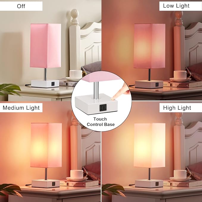 Touch Control Table Lamp with 2 USB Charging Ports, 3 Way Touch Lamps Beside Desk, Nightstand Lamp for Bedrooms Living Room, Pink Shade with White Base, LED Bulb Included(Pink) | 3-Way Dimmable, 3000K LED Bulb Included, Square Pink Shade White Base, Cu...