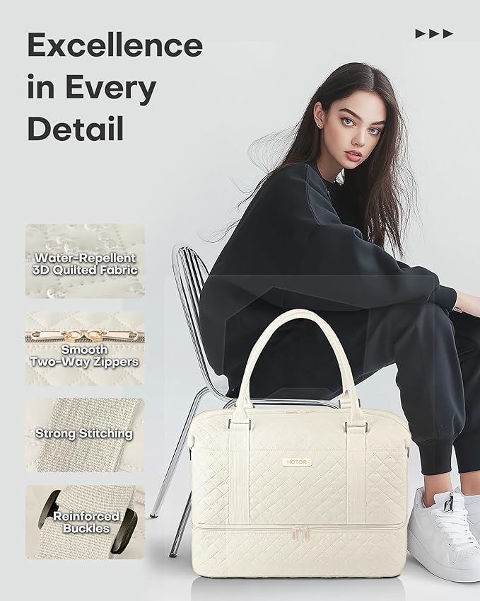 HOTOR Travel Duffel Bag - Weekender Bags for Women, Gym Tote Bags with Shoe Compartment, Carry On Overnight Bag with Toiletry Bag for Travel Essentials and Travel Accessories, Beige, 13.4"×17.3"×7.9"