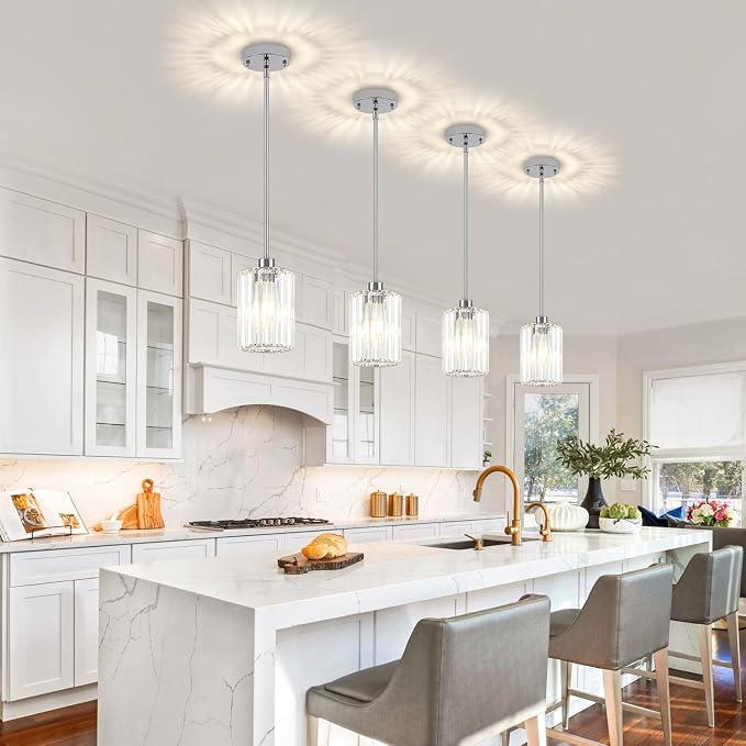 3 Pack Chrome Crystal Pendant Lights Modern Kitchen Lighting Fixtures | Hanging Hallway Ceiling Lights, Adjustable Height Pendant Lighting for Dining Room Bathroom Over Island Table Sink