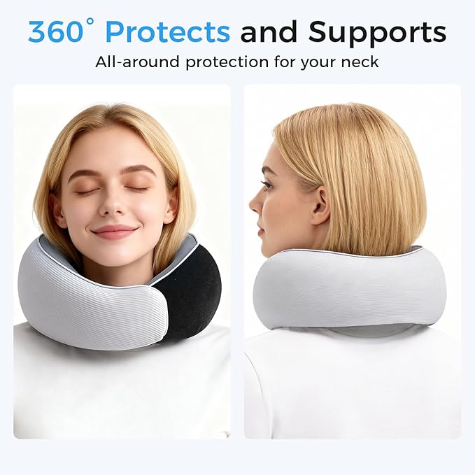 Travel Pillows, 100% Pure Memory Foam Neck Pillow for Airplanes, 360° Head Support, Ergonomic Design, with 3D Eye Mask, Earplugs and Storage Pouch, Airport Travel Essentials for Office, Airplane, Car