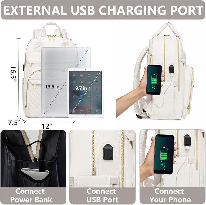 Laptop Backpack for Women Work Bag - 15.6 inch Travel Backpack with USB Charger Business Computer Backpacks for Office College Back pack for Teacher Casual Waterproof Bookbag for Nurses Beige