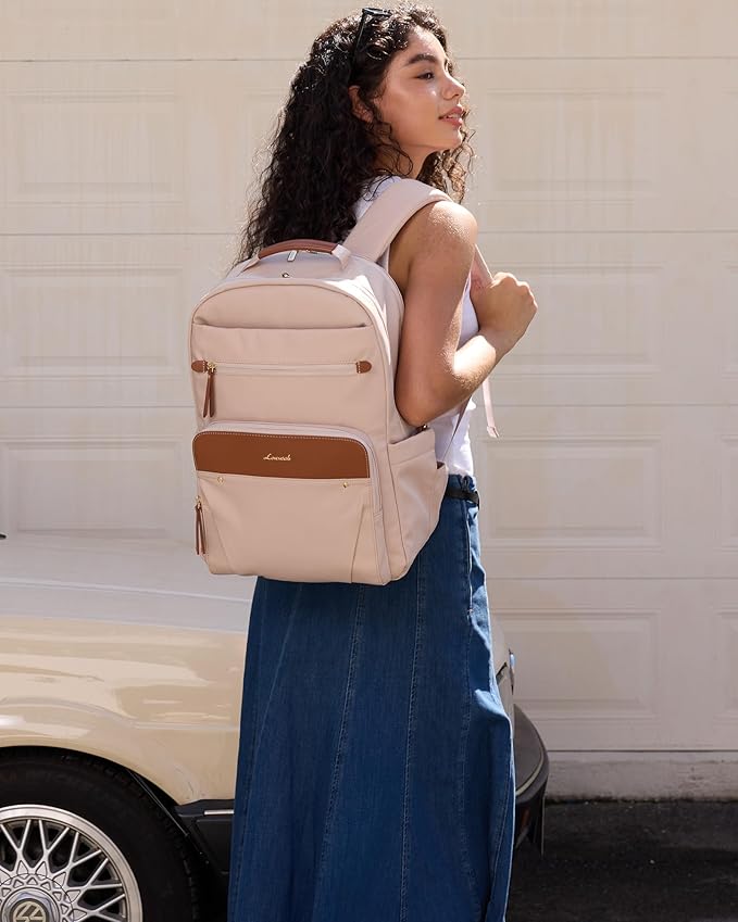 LOVEVOOK Laptop Backpack for Women with Leather Trim & Tumbler Pockets, 15.6" Work Backpack Purse, Travel Personal Item Bag, Carry On Business Computer Bag for Office, School, or Gift, Apricot Brown