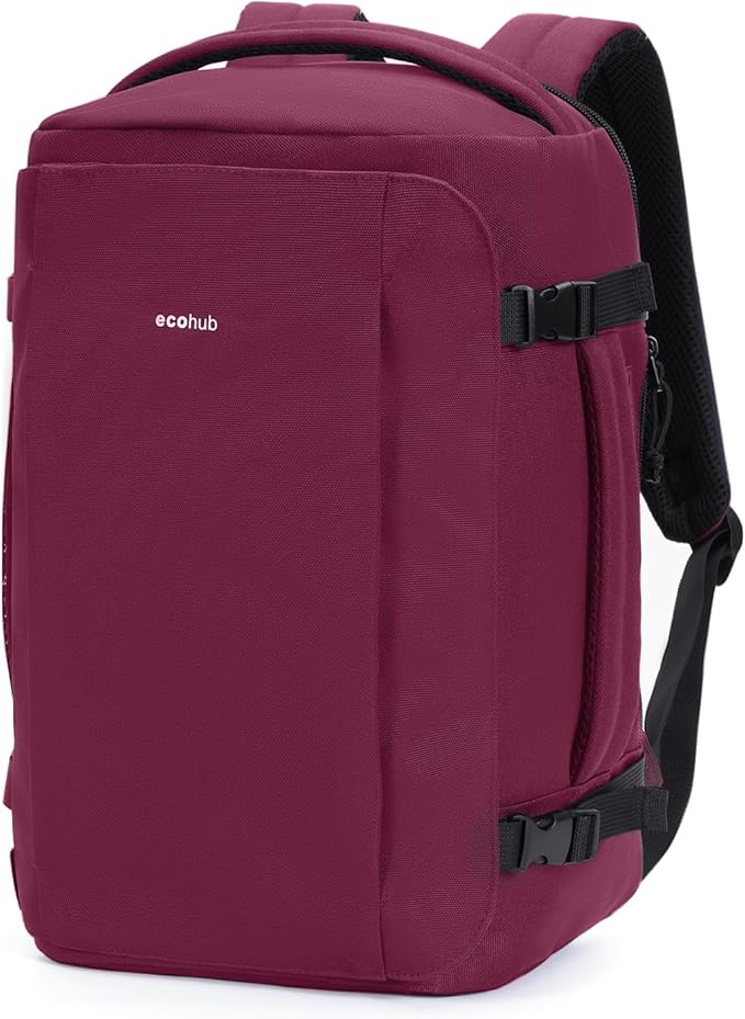 ECOHUB 40L Carry-On Travel Backpack, TSA-Friendly, Anti-Theft Water-Resistant Lightweight with 17.3″ Laptop Compartment, Durable PFAS-Free Rucksack, Red