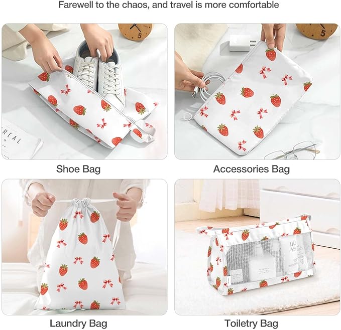 8 Set Packing Cubes for Suitcases,Packing Cube with Shoe, Cosmetics, Clothing, and Accessories Bags Packing Cubes for Travel Luggage Organizer Women Men(Strawberry Bows)