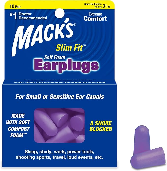 Mack's Slim Fit Soft Foam Earplugs, 10 Pair - Small Ear Plugs for Sleeping, Snoring, Traveling, Concerts, Shooting Sports & Power Tools | Made in USA
