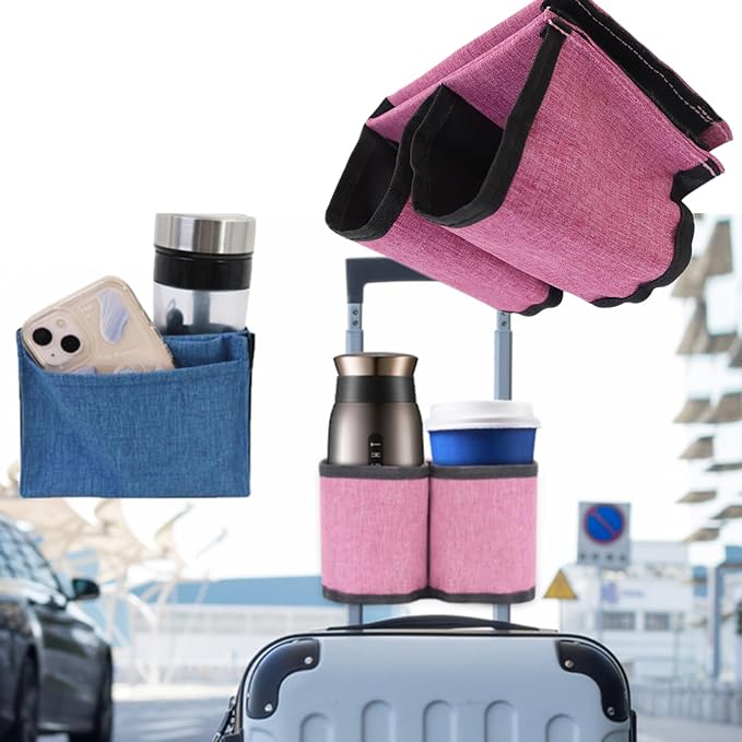 Luggage Travel Cup Holder - Hands-Free Double Coffee Carrier for Suitcases, Ideal for Flight Attendants, Business Trips, Airport Transfers & Train Journeys, Pink