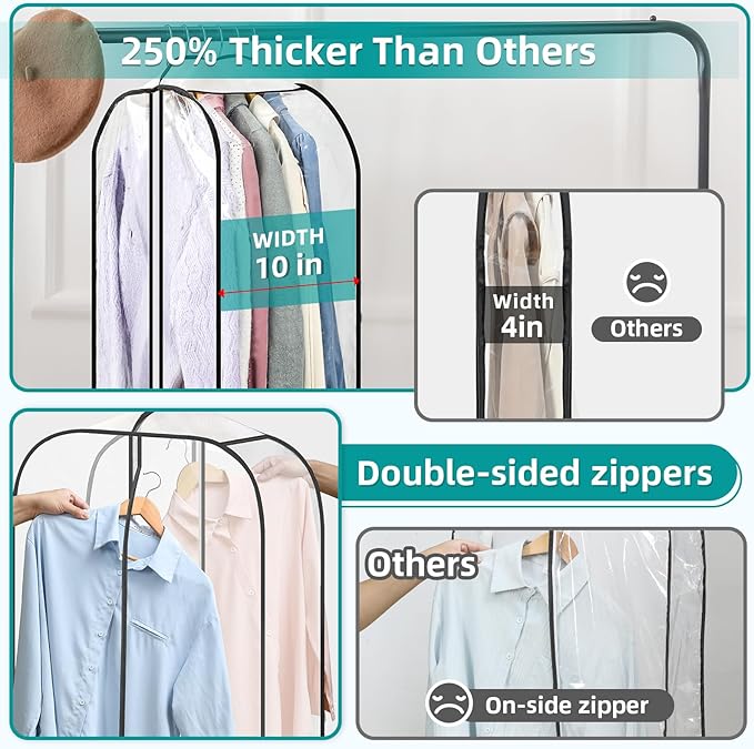 LANDNEOO 6 Pack Clear Garment Bags for Hanging Clothes with Zippers on Double Sides - 10'' Clothes Storage for Coat, Dress, and Fur in Closet - 50'' Long Suit Bags