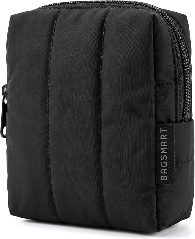 BAGSMART Small Travel Makeup Bag for Purse Toiletry Pouch, Puffy Padded Mini Cosmetics Bag, Cute Make Up Pouch for Women with Slip-in Pocket, Travel Essentials for Toiletries, Black