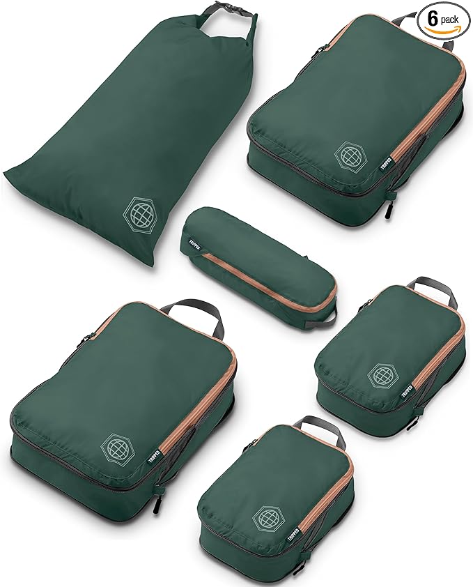Compression Packing Cubes 6 Piece Set for Carryon Suitcases- Lightweight, Durable Clothes Organizer (Green and Brown)