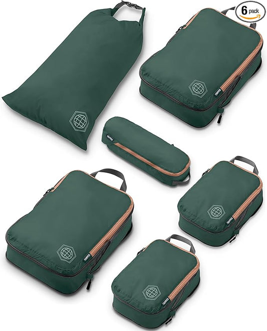 Compression Packing Cubes 6 Piece Set for Carryon Suitcases- Lightweight, Durable Clothes Organizer (Green and Brown)