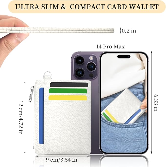 Hancynir Minimalist Small Wallet Women Credit Card Holder, RFID Blocking Slim Mini Card Wallets Cute Front Pocket PU Leather Card Case Thin Travel Zipper Coin Cash for Ladies Men Wallet Gifts White