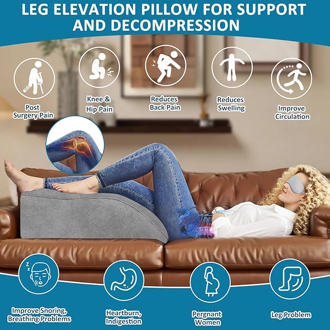 Inflatable Leg Elevating Pillow for Traveling - Leg Pillow Elevation with Eye Mask,Inflatable Leg Pillow for Swelling,Circulation,Pain Relief,Bolster Pillow Support for Ankle Recovery,Foot,Knee,Gray