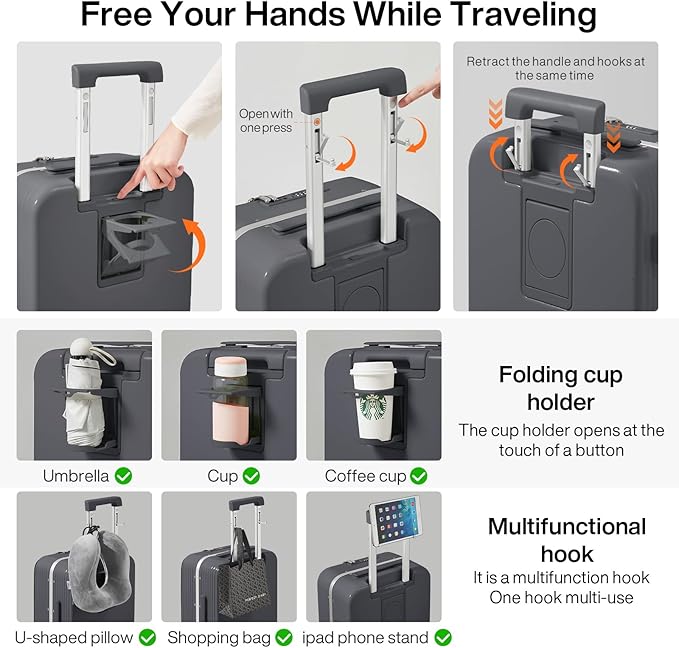 mixi Checked Luggage with Cup Phone Holder and Charger Hard Shell Suitcases with Spinner Wheels, 24 Inch Rock Gray
