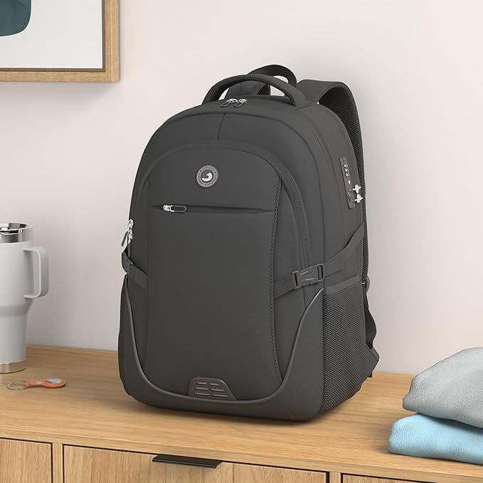 SHRRADOO Anti Theft Laptop Backpack Travel Backpacks with Combination Lock for Women Men High School College Backpack Computer Bag Fits 17 Inch Laptop,Grey