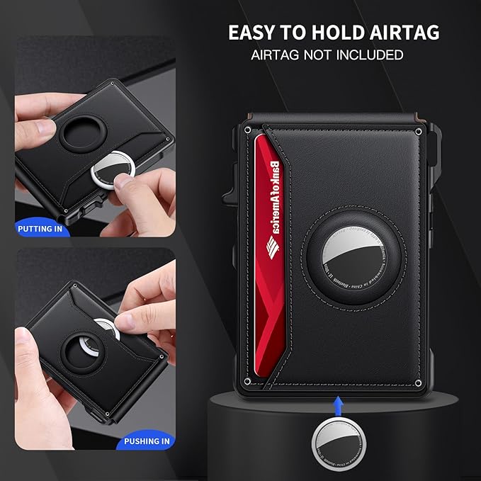 KIKVES Airtag Wallet for Men, Mens Smart Wallet for Air Tag RFID Blocking, Minimalist Bifold Pop Up Aluminum Credit Card Case Holder 12+ Cards with ID Window, Gift for Men, No Airtag Included, Black