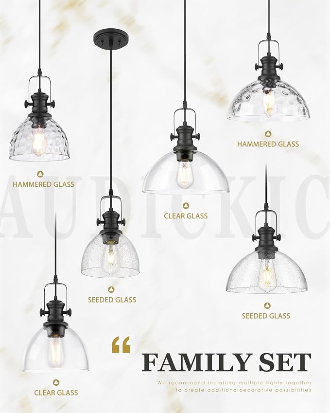 Large Pendant Lights Kitchen Island, 10.5" Farmhouse Black Pendant Lighting with Clear Glass Shade, Vintage Hanging Light Fixtures for Dining Room Entryway, Adjustable Cord, AD-22151-1PL-BK-C