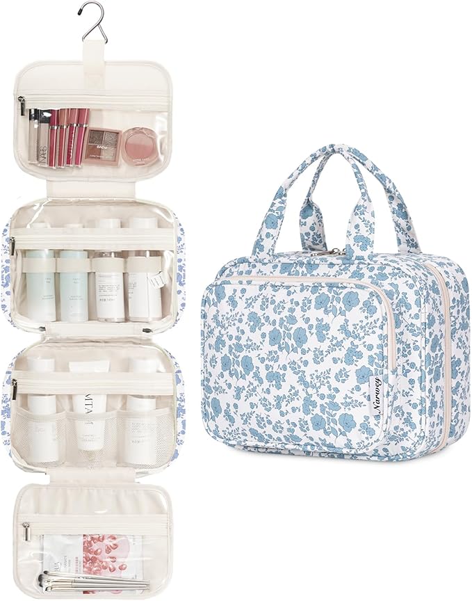 Narwey Hanging Floral Toiletry Bag for Women Travel Makeup Bag Organizer Toiletries Bag for Travel Size Essentials Accessories Cosmetics (Blue Flower (Medium))