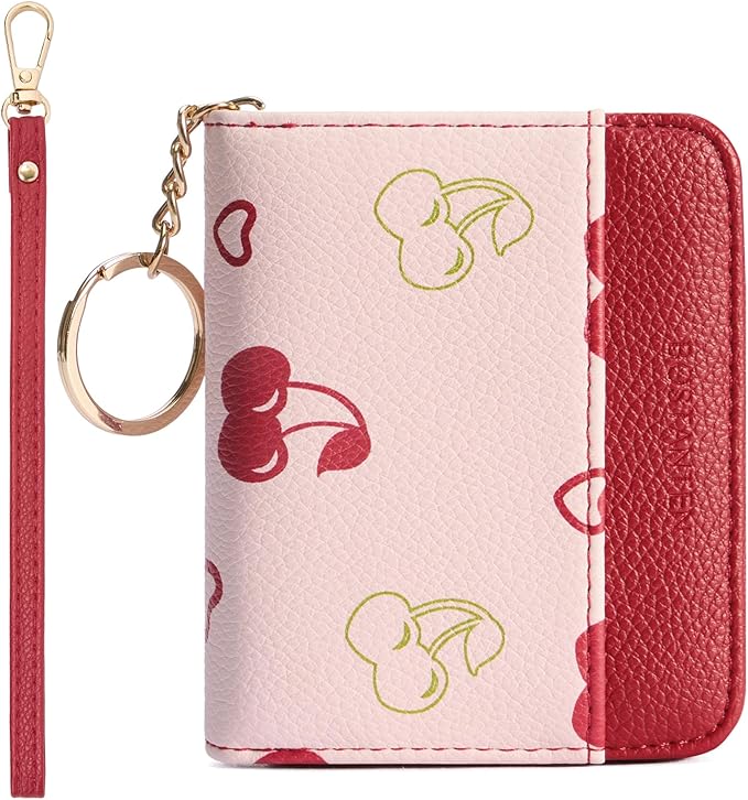 BOSTANTEN Credit Card Holder Wallet RFID Blocking Leather Small Wallet for Women Zipper Keychain Wallet with Wristlet Cherry Print