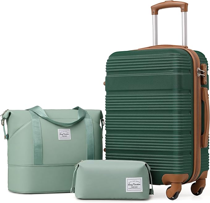 LONG VACATION 3 Piece Carry On Luggage 20 Inch Suitcase with Spinner Wheels, ABS+PC Hardshell Suitcase set with TSA Lock & YKK Zipper