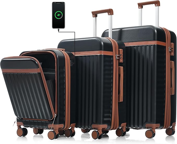 Hardshell Luggage, Lightweight Suitcase with Spinner Wheels, BLACK+USB