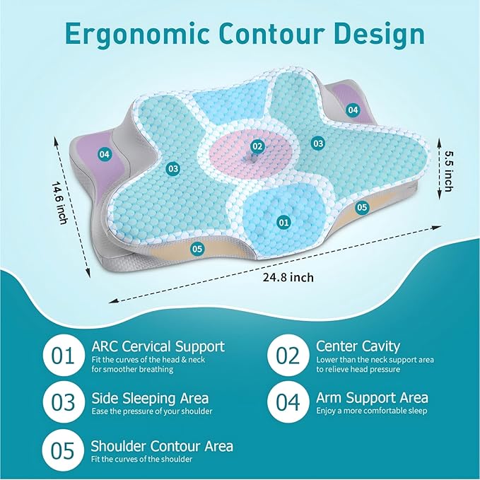 Cervical Pillow for Neck Pain Relief - Ergonomic Pillow for Sleeping Side Sleeper Pillow for Adults, Contour Neck Pillow Cooling Memory Foam Pillows, Orthopedic Bed Pillow for Back Stomach Sleepers