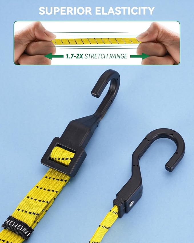4 Pack 3 Way Flat Adjustable Bungee Cords with Hooks, Easy to Adjust The 3 Sides Length, Lucky Straps 30 Inch Black/Yellow Heavy Duty Tack Strap for Bike, Motorcycle, Roof Rack, Kayak, Cargo, etc