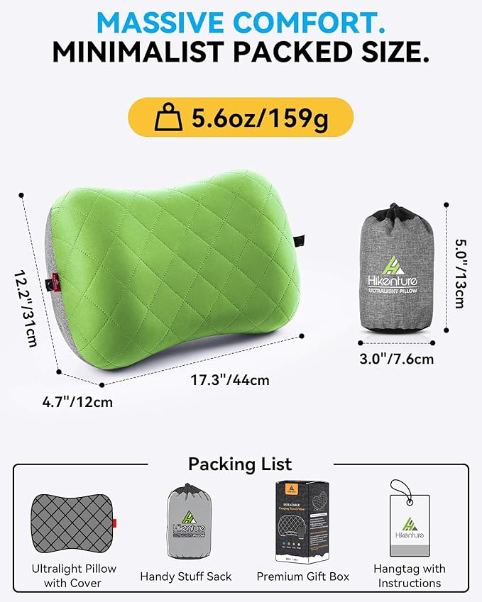 Hikenture Camping Pillow with Removable Cover - Ultralight Inflatable Pillow for Neck Lumbar Support - Upgrade Backpacking Pillow - Washable Travel Air Pillows for Camping, Hiking, Backpacking