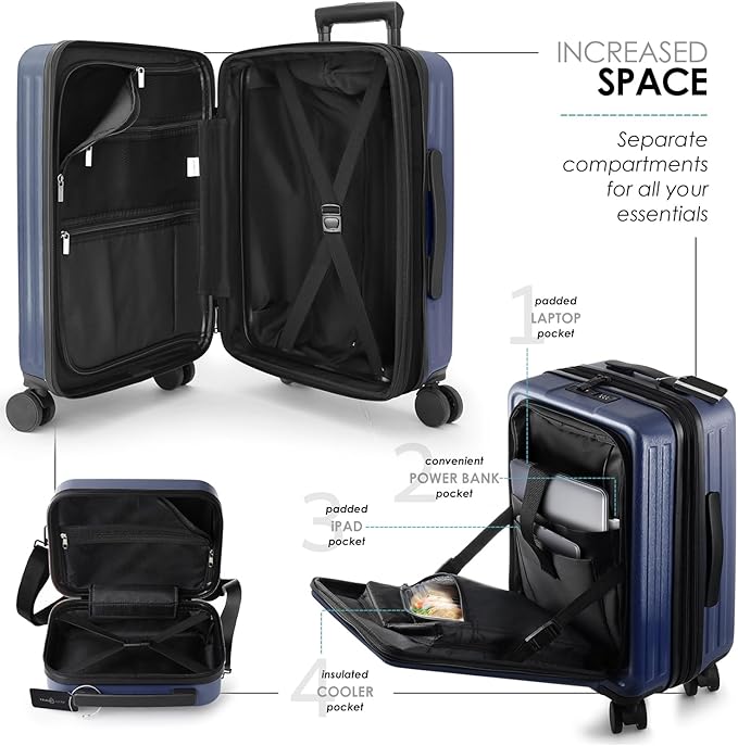 22 Inch Carry On Luggage, Carry On Suitcase with Wheels, Hardside Luggage Carry-On, Expandable Navy Small Suitcase, Hard Shell Carry-on Luggage, Spinner Luggage with Cosmetic Bag
