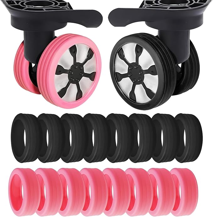 Luggage Wheel Protector Covers Sets, 16 Pack Silicone Suitcase Wheels Protector Fits Most Travel Luggages Wheels Sizes, Anti-Scratch, Noise Reduction, Easy Install (8pcs Black + 8pcs Pink)