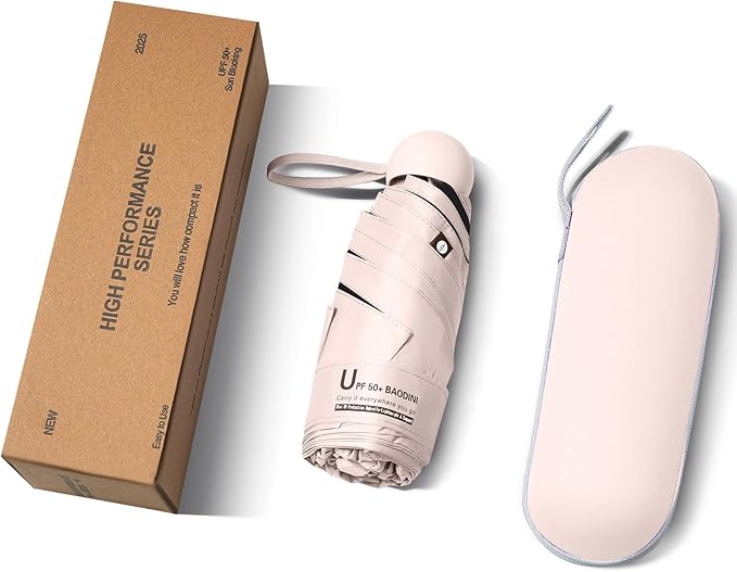 BAODINI Travel Essentials Mini Umbrella for Purse With Case Small Compact UV Sun Protection Lightweight Tiny Pocket Manual Open Close Umbrella for Women Kids and Men Fits Purse Backpack