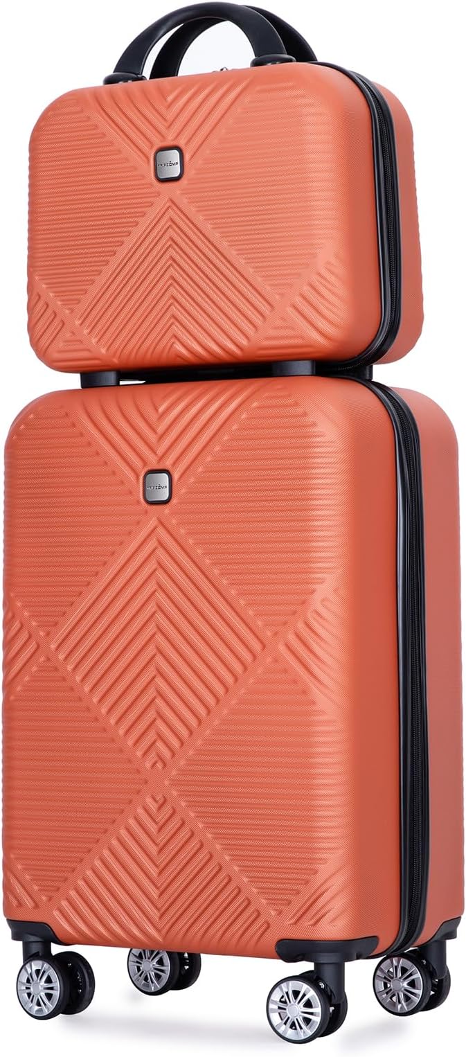 2 Piece Carry on Luggage Set, Airline Approved 20 Inch Luggage with Cosmetic Case HardShell Suitcase with Spinner Wheels, Lightweight Durable Hardside Suitcases Set, Dark Orange