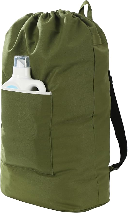 Canvas Laundry bag, Washable Laundry backpack, Adjustable Straps, Large Front Pocket, Drawstring Closure (ARMY GREEN, X-Large)